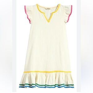 Mini Boden 4/5 Kids Ruffled White Dress with Colorful Trim Emmy dress